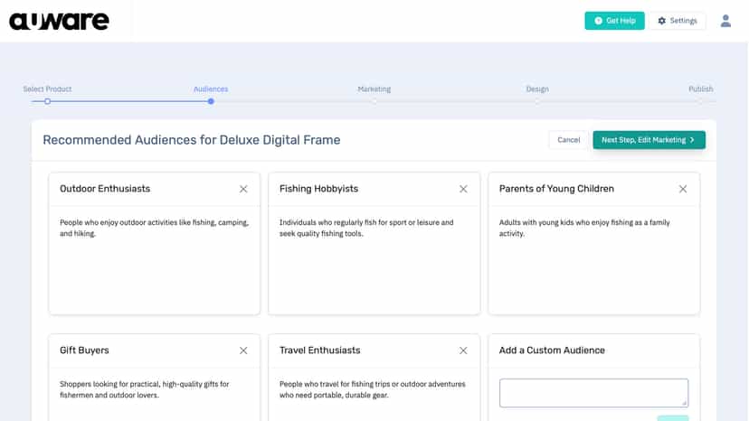 Auware AI Landing Page Builder - Edit Suggested Audiences