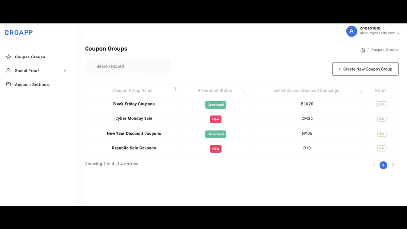 Coupon Group List page