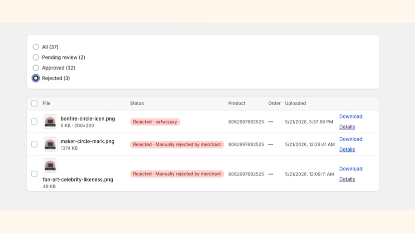 PartyKit Uploads admin moderation queue showing the Rejected fil