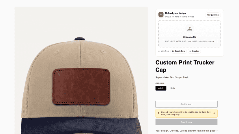 PartyKit Uploads storefront block on a Shopify product page — cu