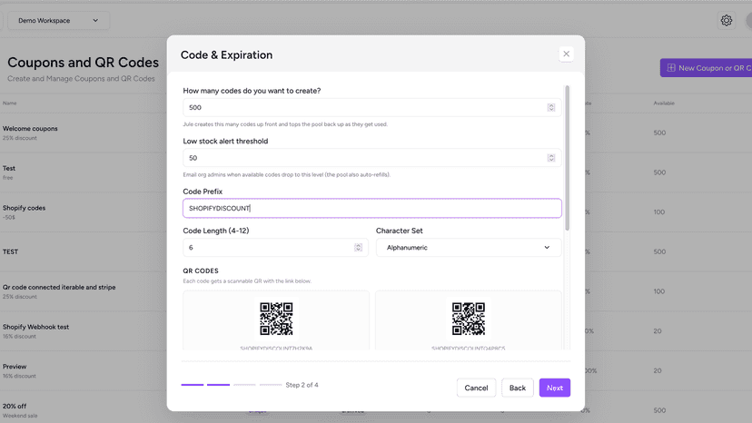 Coupon code and expiration setup with QR generation