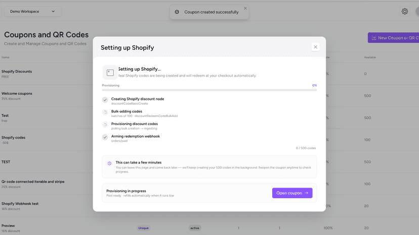 Code provisioning progress with live status steps