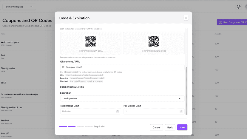 QR content URL options and usage limits configuration