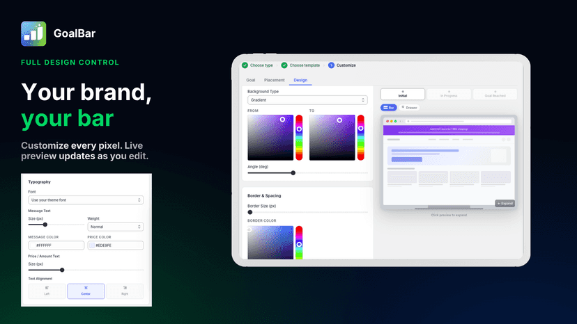 GoalBar design editor typography panel and live bar preview
