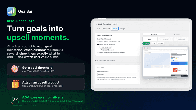 GoalBar upsell UI mockup with product options and live preview