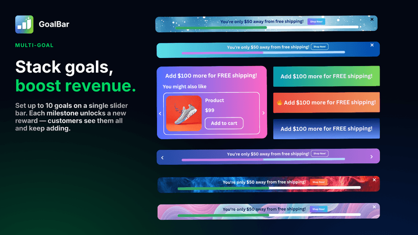 GoalBar multi milestone bars and upsell widget style examples