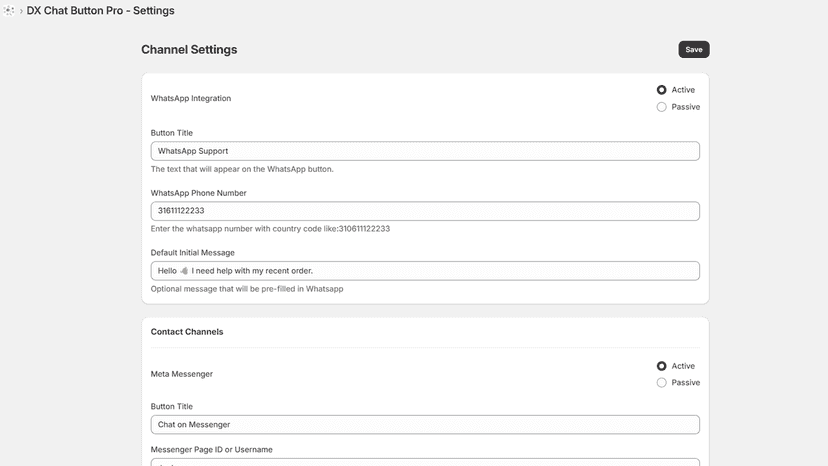 DX Chat Button Pro Settings Page
