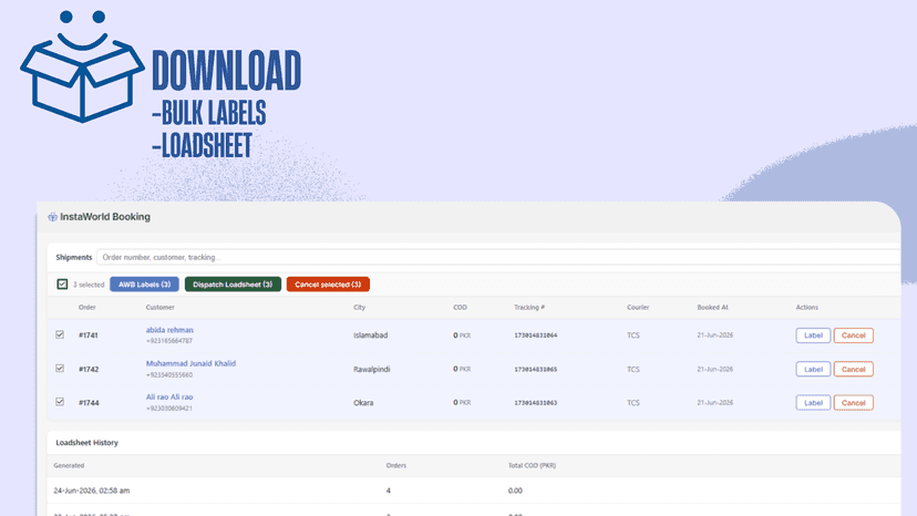InstaWorld Booking system to download bulk labels and loadsheets