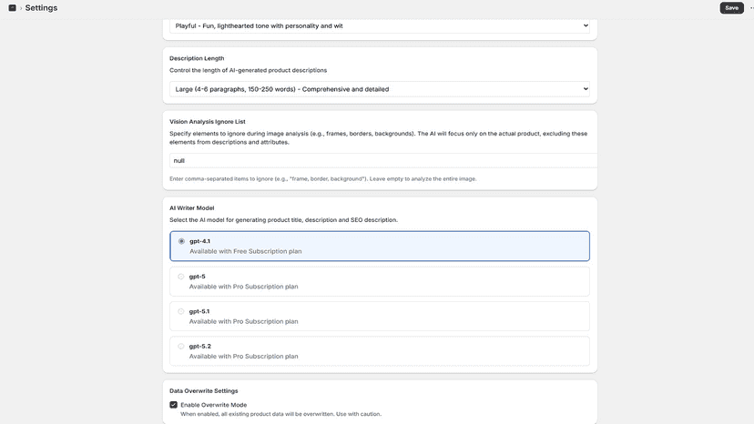 Settings page