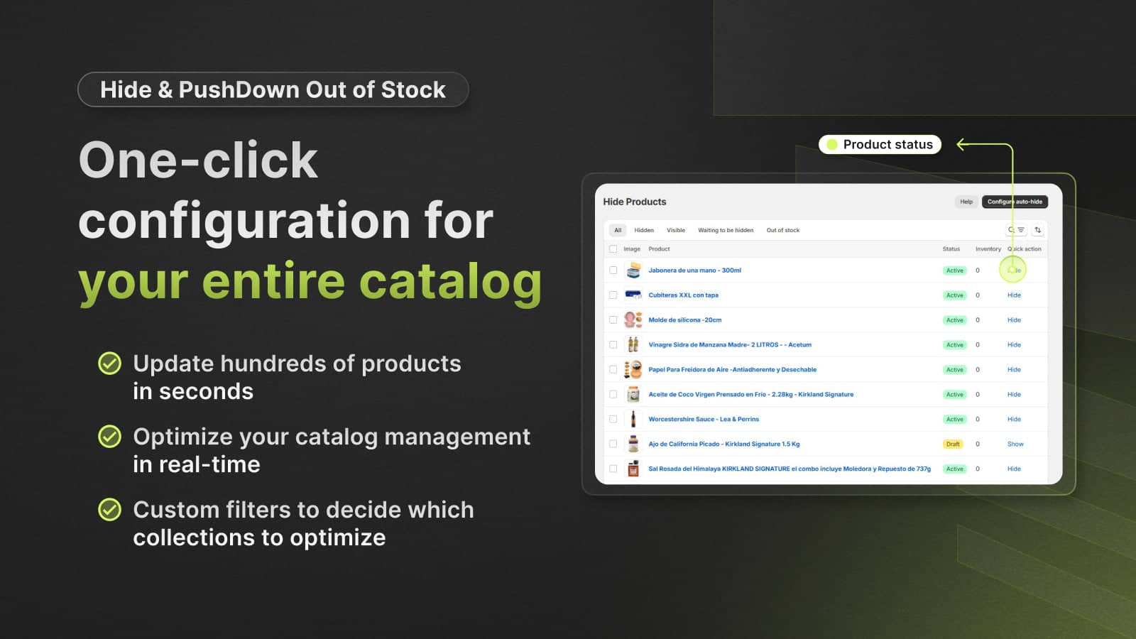 Dashboard showing one-click product list management
