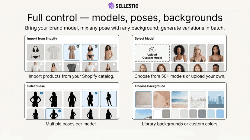 Full control — models, poses, backgrounds