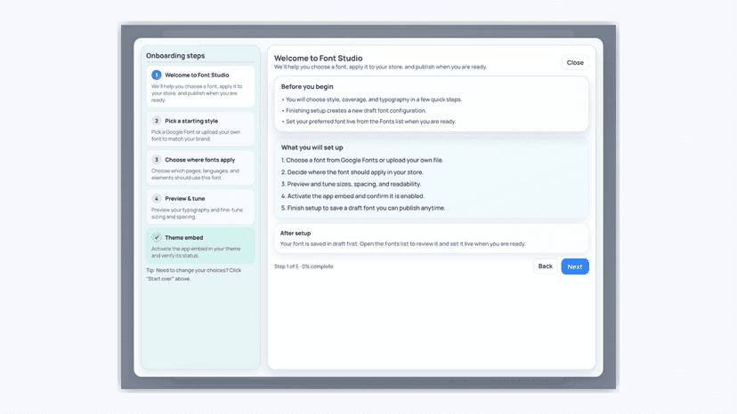Onboarding popup for FourCore Font Studio