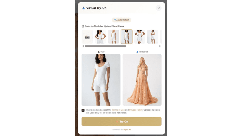 Virtual Try-On widget open on Shopify product page