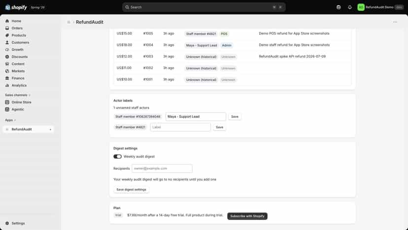 Refund feed with actor and channel badges