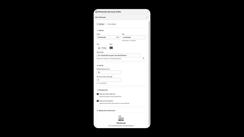 Edit customer type modal with pricing and requirements