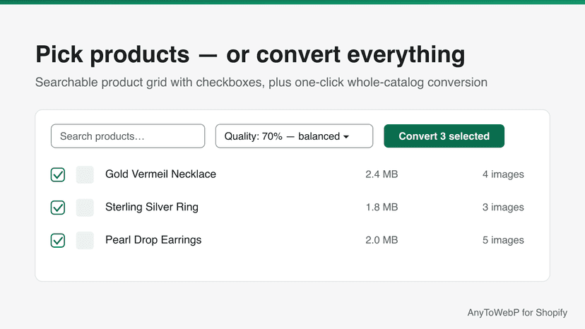 Product grid with checkboxes, quality picker and bulk action