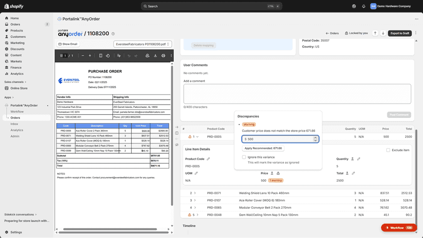 Validate orders leveraging the catalogue data within Shopify