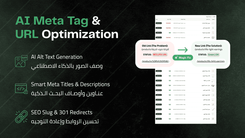 AI tool fixing Arabic URLs and optimizing product meta tags.