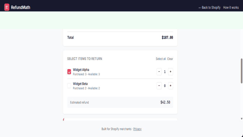 RefundMath discount breakdown and refund summary