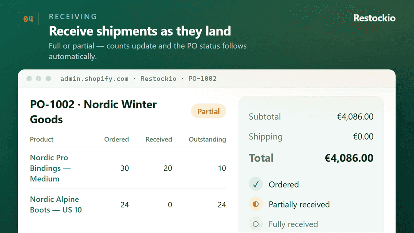Receiving screen with item quantities and order total