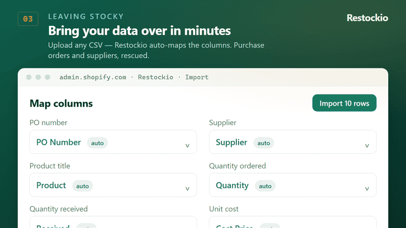 CSV import screen with auto-mapped columns