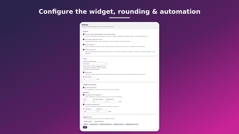 Settings: widget, charm rounding, automation and custom CSS