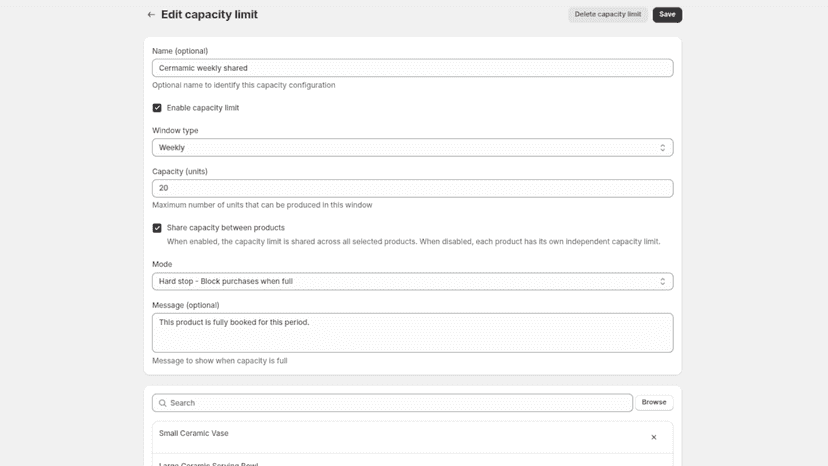 Editing a weekly capacity limit for handmade products