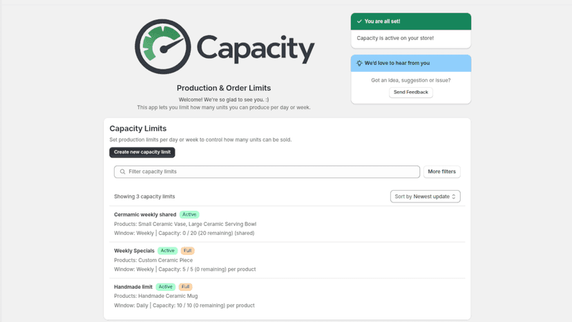 Admin view listing daily and weekly production limits