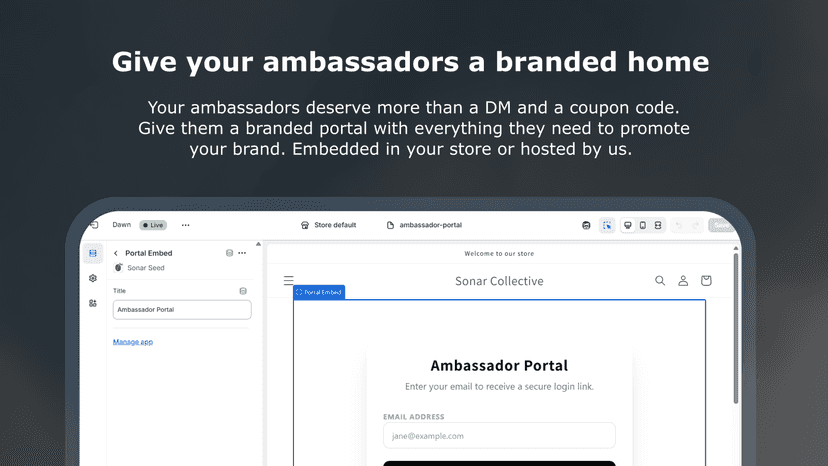 Ambassador portal embedded in a store page, showing sign in