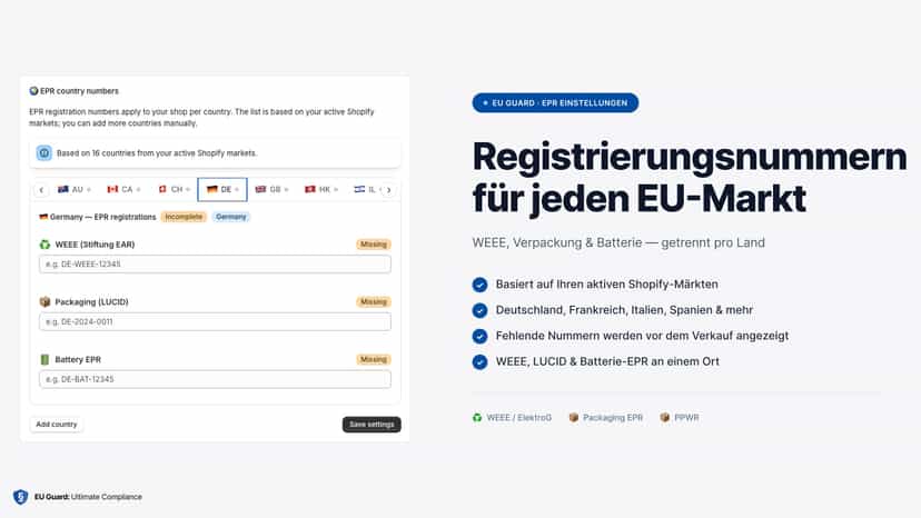 EPR-Registrierungsnummern pro EU-Markt in den Einstellungen