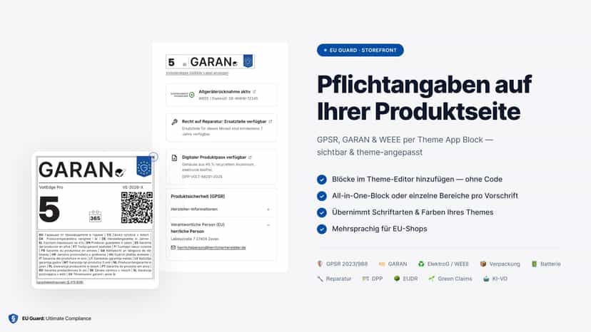Produktseite mit GPSR, GARAN und WEEE per Theme-Block