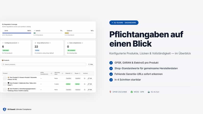 Dashboard mit Produktübersicht und Pflichtangaben-Status