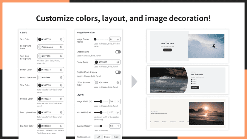 Customize colors, layout, and image decoration.