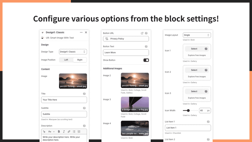 Configure various options from the block settings!