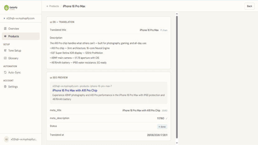 AI-generated product description with verified specs and SEO
