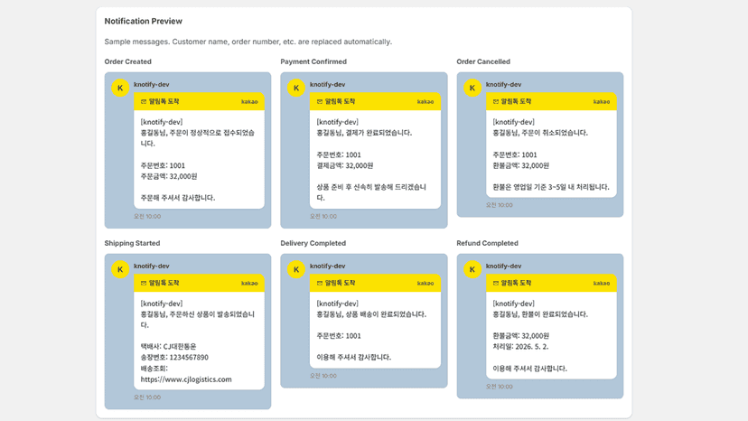 KakaoTalk notification preview for 6 order event types