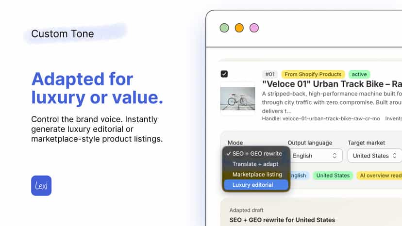 Lexi AI app menu selecting luxury editorial tone for product.