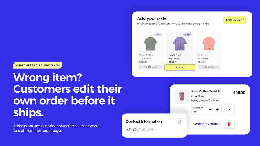 Customer order editing — add product, swap variant, edit qty