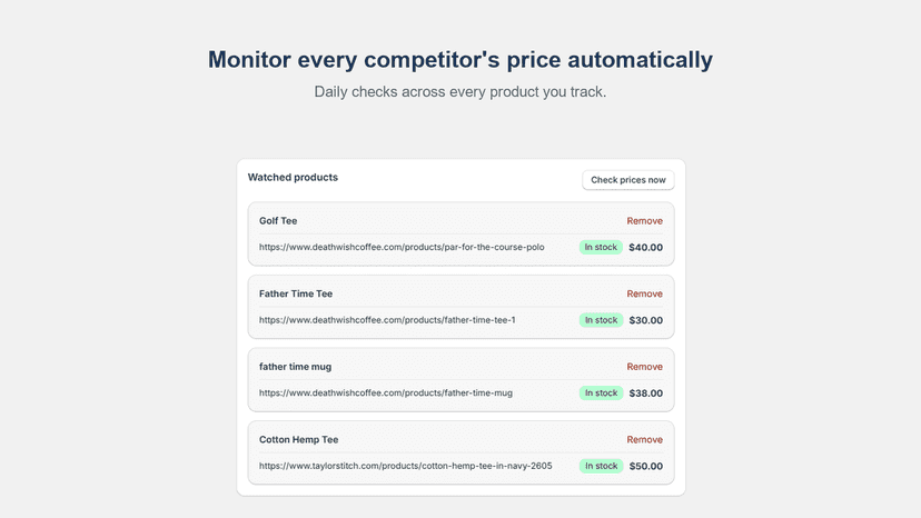 "Monitor every competitor's price automatically"