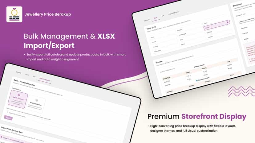 Jewellery Price Breakup bulk XLSX import and export screen along