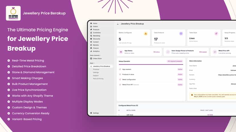 Jewellery Price Breakup app features and admin dashboard