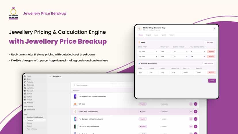 Jewellery Price Breakup app showing the products list and edit p