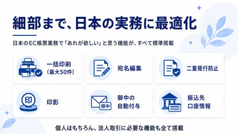 細部まで、日本の実務に最適化。日本のEC帳票業務で「あれが欲しい」と思う機能が、すべて標準搭載。