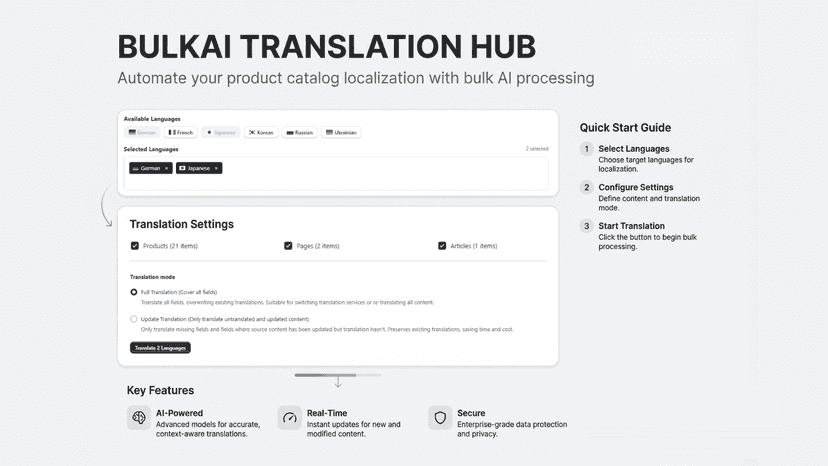 Bulk translation hub with language selector