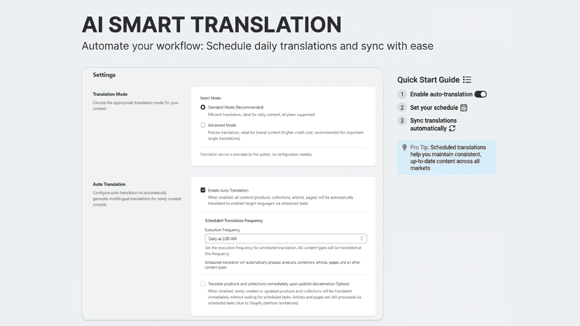 AI Smart Translation settings with auto-translate scheduler