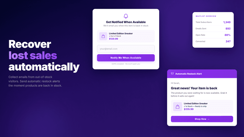 Back in stock notify me popup with automatic restock email alert
