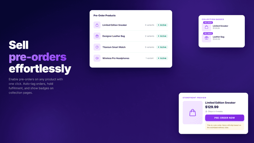 Pre-order product management with badges and storefront preview