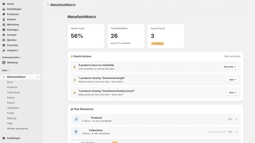 Health score dashboard with metafield statistics