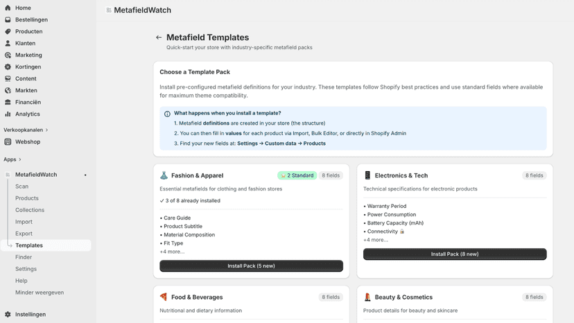 Metafield templates for consistent product data