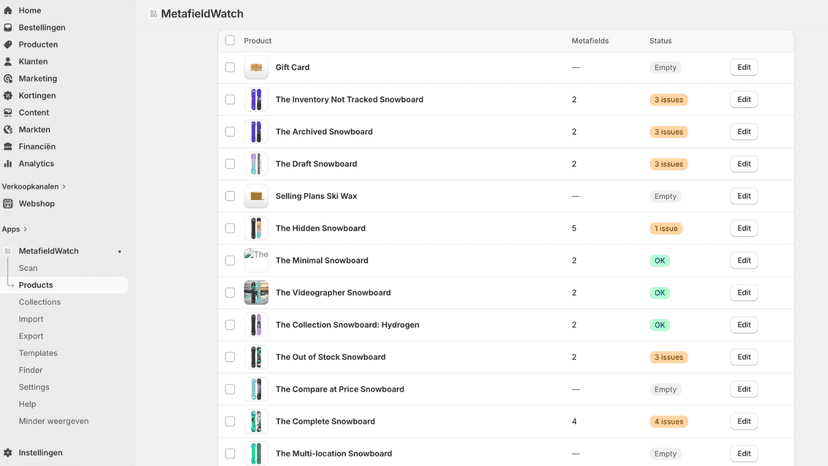 Quick actions showing metafield issues to fix